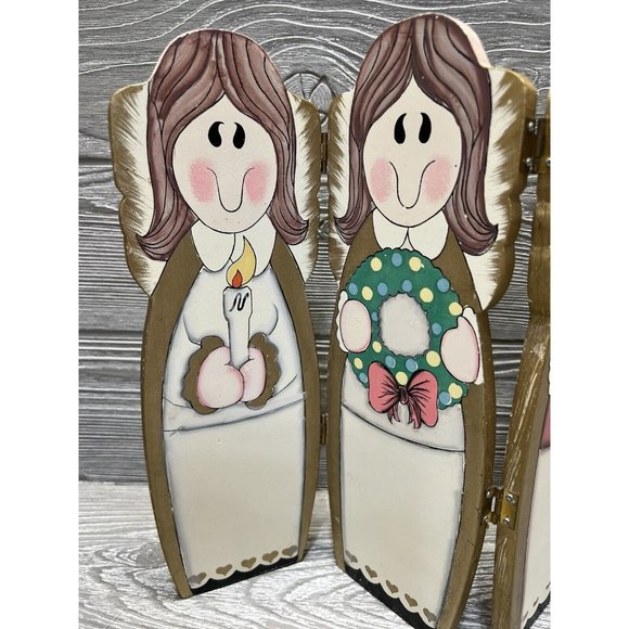Vintage Wooden Painted Angels Folding Screen Retro Christmas Holiday 12” X 20” - Picture 2 of 6